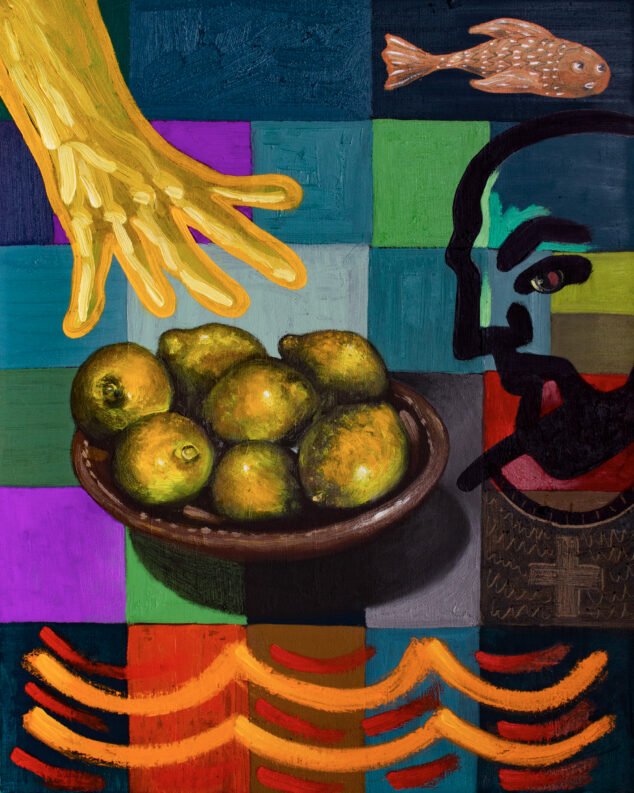 oil painting by renzo ortega, picturing a ceramic bowl with 7 limes, on top of a colorful grid, a hand trying to grab a lemon, a fish on the right top and the profile of a men looking at the lemons. the man looks like a priest or a white person with a croix on his clothes.